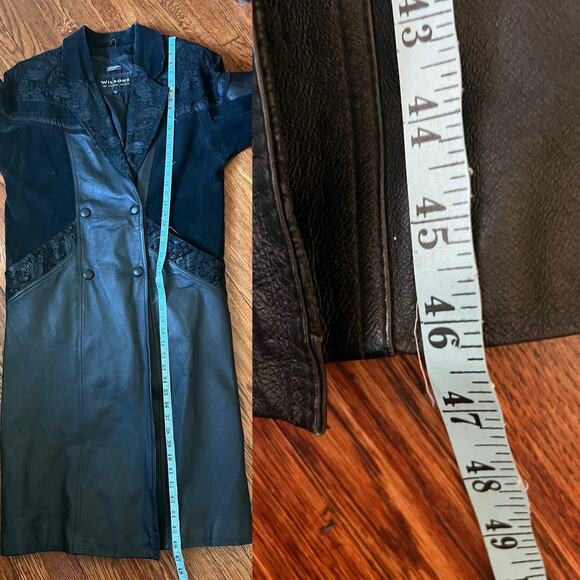 Vintage 80s/90s Wilsons Leather Maxi Trench Coat Embossed Paisley Braid Trim - Picture 13 of 17